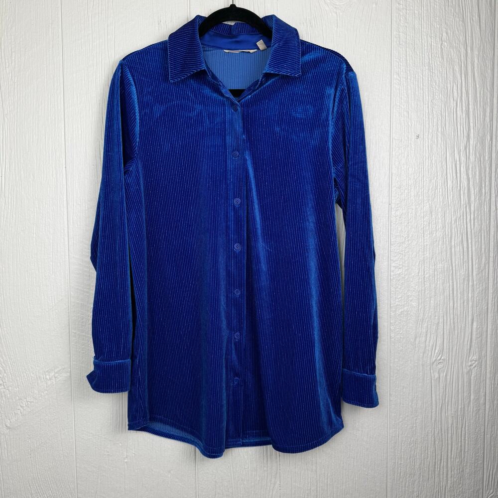 Soft Surroundings Royal Blue Velvet Boyfriend Long Sleeve Button Shirt Sz Small - Picture 8 of 8
